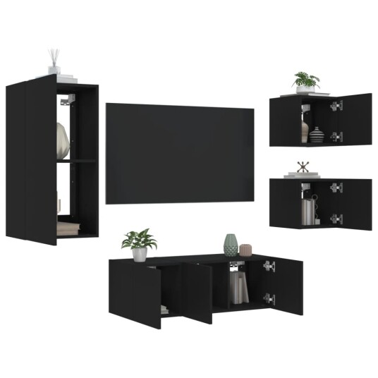 vidaXL Vegghengte TV-enheter med LED 5 deler svart konstruert tre 8721012472419