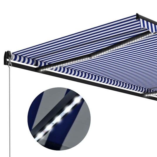 vidaXL Manuell uttrekkbar markise med LED 300x250 cm blå og hvit