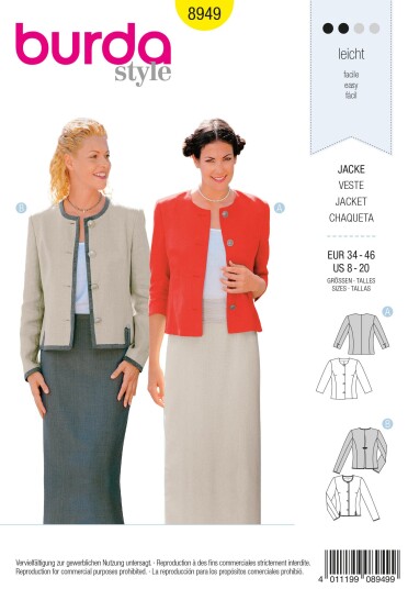 Burda 8949 - Jakke EUR: 34-46, US: 8-20