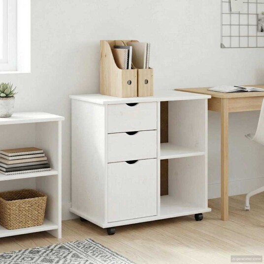 vidaXL Rullende skap med hjul Hvit 63,5 x 39 x 65,5 cm Massiv furu