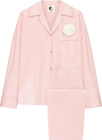 Sleeper The Rose Cotton Pajama Set In Soft Pink Stripes   WHITE&PINK   S