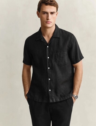 GANT Reg Gmnt Dyed Linen Ss Camp Shirt   Black   XXL