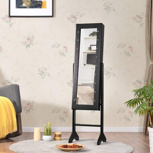 Cwy 18 LED smykkeskap vippbar stående design smykkehylle med full lengde speil 35 × 315 x 145 cm svart