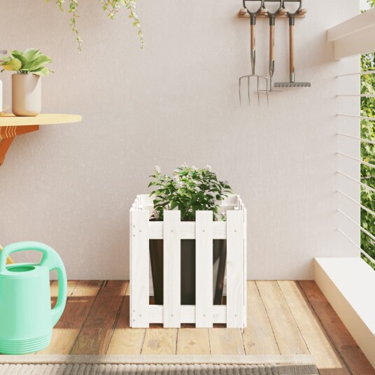 Plantekasse med gjerdedesign hvit 40x40x40 cm heltre furu