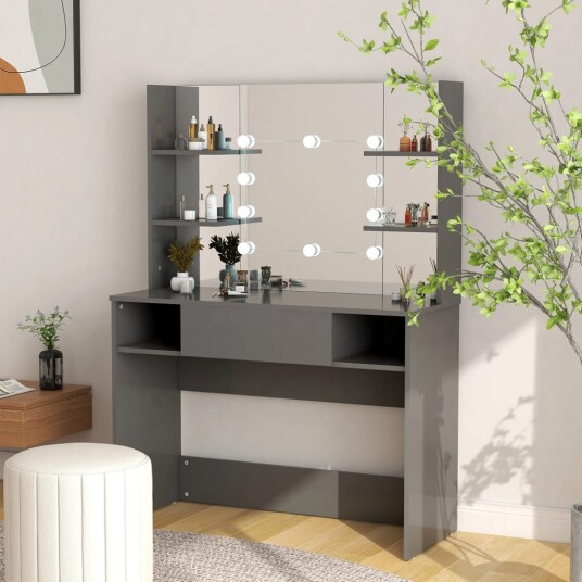 vidaXL Sminkebord med LED-lys 100x40x135 cm MDF grå vidaXL Sminkebord med LED-lys 100x40x135 cm MDF grå