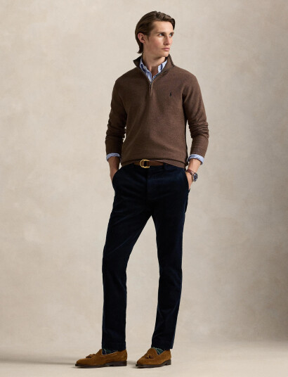 Polo Ralph Lauren Mesh Knit Cotton Quarter Zip Sweater Brown L