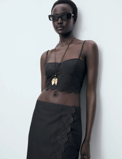 Mango Embroidered Cotton Skirt - Black - S