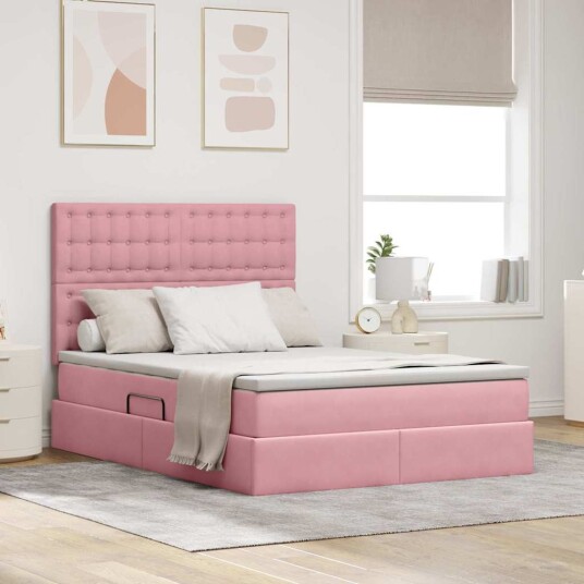 Seng med lagring og LED med madrass Rosa 140 x 190 cm Fløyel