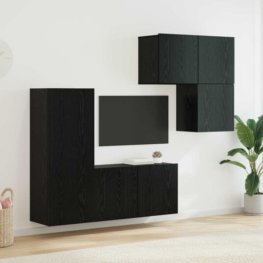 TV skap Veggmontert 4 pcs Svart Eik Konstruert tre