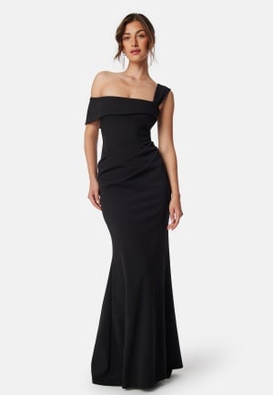 Goddiva One Shoulder Bardot Pleat Maxi Black XL UK16