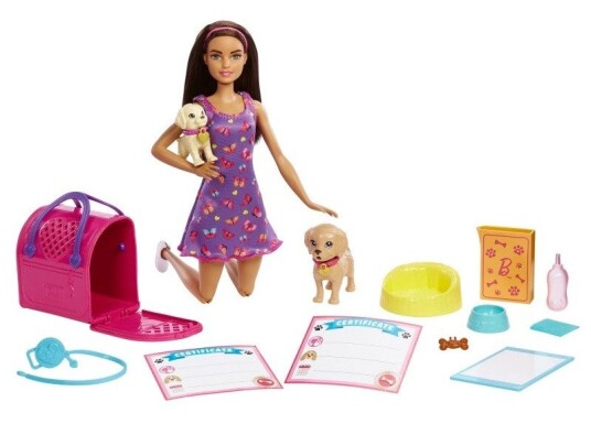 Barbie Pup Adoption Dukkelegesett   Brunette Dukke og 2 Hvalpe