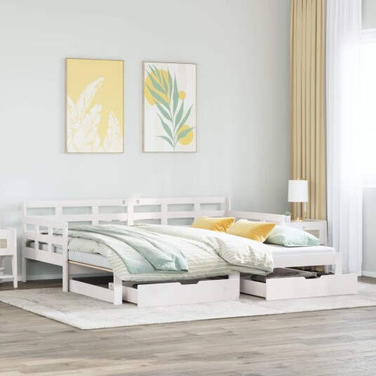 Uttrekkbar dagseng med skuffer hvit 90x190 cm heltre furu