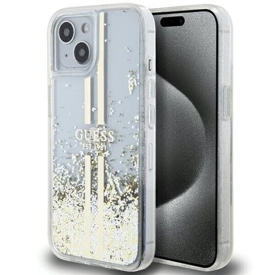 Guess Liquid Glitter Gullstriper Etui for iPhone 15 Plus / 14 Plus - Gjennomsiktig Mobildeksel