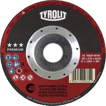 Tyrolit Skæreskive 42 Ø125x0,75X22,23 Mm, A60r-Bfxa Premium Supertynde Skæreskiver Til Rustfrit Stål, Giver En Højere Ydelse, Samtidig Med - (25 Stk.)