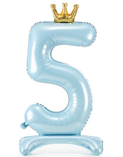 Lys Blå Stående "5" Folieballong med Krone 84 cm