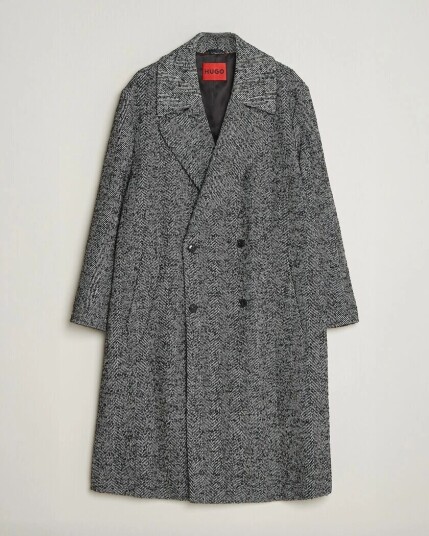 HUGO Milas Herringbone Double Breasted Coat Dark Grey