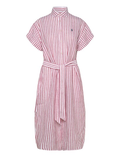 Polo Ralph Lauren Striped Linen Short Sleeve Shirtdress   Red   36