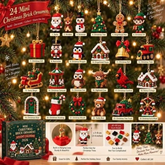 Adventskalender 2026 med 24 3D Mini Byggesett – DIY Julepynt og Hengende Julefigurer