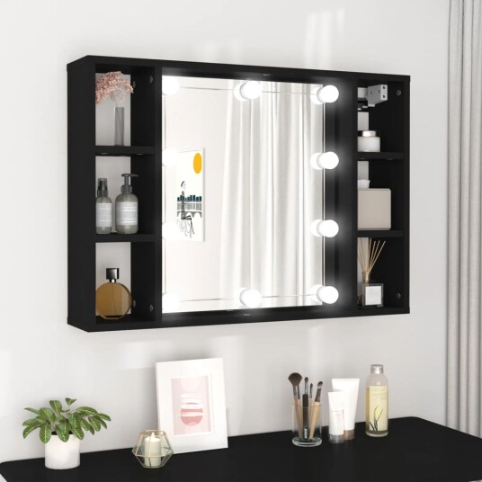 Speilskap med LED svart 76x15x55 cm