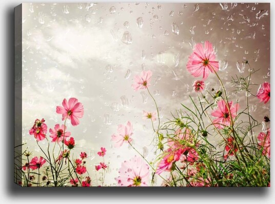Lerretsbilde 70x100 cm Blomster i forskjellige nyanser av rosa som vokser mot en dempet bakgrunn Rosa / Grønn