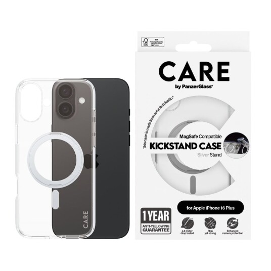 Care by PanzerGlass iPhone 16 Plus MagSafe Mobildeksel med Kickstand - Transparent/Sølv