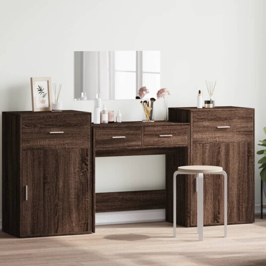 Sminkebordsett 4 deler brun eik konstruert tre 3276531