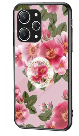 INCOVER Xiaomi Redmi 12 Plast Deksel m. Glass Baksida & Fingerring - Blomstertrykk - Rosa