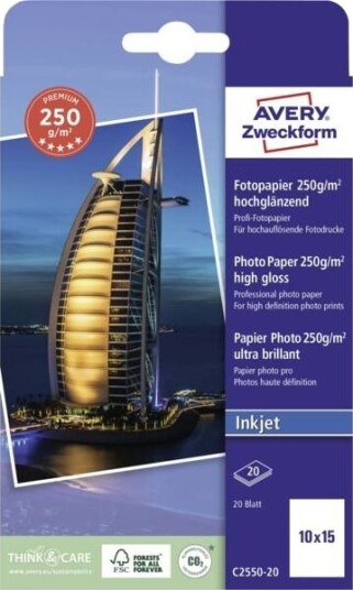 Avery C2550 20 Fotopapir 10x15 cm Høyglans 250 g/m² 20 ark Hvit