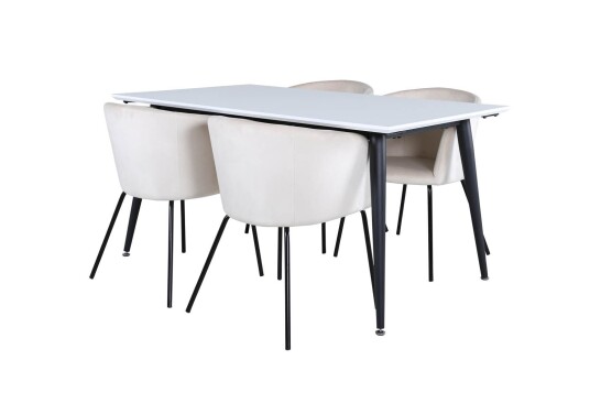 Jimmy150 spisegruppe spisebord uttrekksbord lengde cm 150 / 240 hvit og 4 Berit spisestuestoler velour beige.
