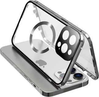 iPhone 15 Pro Max-deksel i dobbeltsidig HD-hærdet glass, kompatibelt med MagSafe - sølv