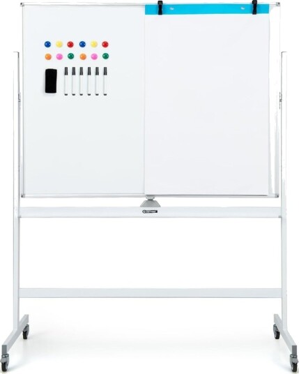 Dobbeltsidig mobil tavle med rutemønster & stativ & pennebrett 120x90cm hvit