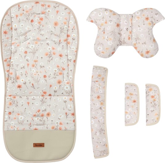 Sensillo Deluxe Velvet Bloom Vogninnlegg med pute frontbøyleog selestroppetrekk Beige