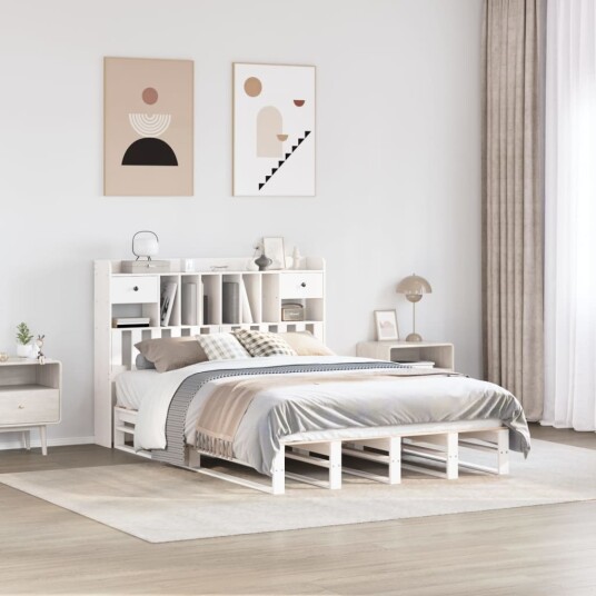 Seng med bokhylle uten madrass hvit 150x200 cm heltre furu 8721158627506