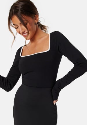 BUBBLEROOM Square Neck Contrast L/S Top Black XL