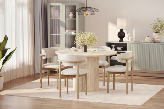 Scandinavian Choice Uppveda Rundt Spisebord 130 cm med travertin look med 4 stk Jaiveer Spisestoler Beige Scandinavian Choice Uppveda Rundt Spisebord 130 cm med travertin look med 4 stk Jaiveer Spisestoler Beige