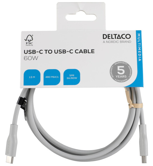 DELTACO USB-C - C USB2.0 SPR Cable, silicone, 1,5m, Grey
