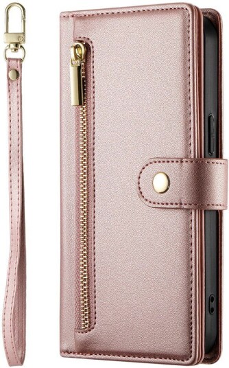 EIDERWOOD iPhone 17 Pro Flip Deksel med Kortholder / Glidelåslomme / Stropp Rose Gold