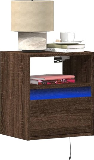 Vegghengt nattbord med LED-lys 2 stk brun eik 3307987