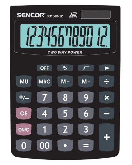 Sencor Sec 340/12 - Skrivebordskalkulator - 12 Sifre - Solpanel, Batteri - Svart Sencor Sec 340/12 - Skrivebordskalkulator - 12 Sifre - Solpanel, Batteri - Svart