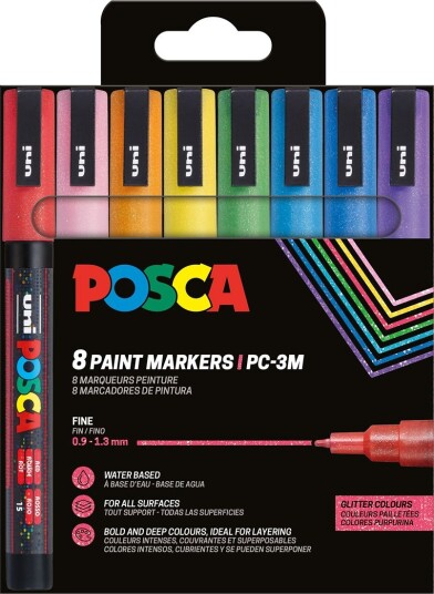 Uni-Posca Posca Marker nr PC-3ML strek 0,9-1,3 mm glitter farger 8 stk 1 pk