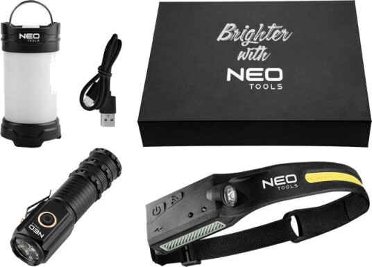 NEO Tools Lyktsett 99-132 3-i-1 lommelykt hodelykt Campinglykt