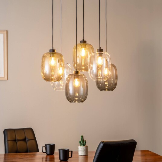 TK Lighting Elio pendellampe glass brun/klar/grå 6-lys rektangel