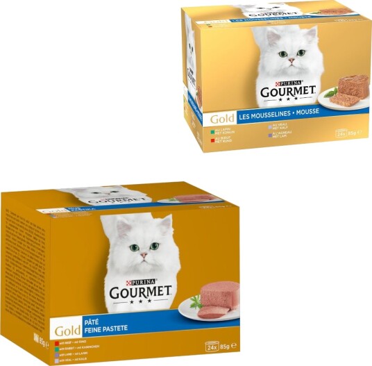 Gourmet Våtfôr Jumbopakke Gold + Fin Pâté Blandet Pakke På Kjøpet Hjertelig Mousse Kanin Kalv + Blandet Kjøtt Kanin Kalv Lam Okse 96 X 85 G 24 X 85 G 96 X 85 G 24 X 85 G