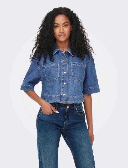 ONLY Onlcleo Life Ss Crop Dnm Shirt Pim Noos Blue XS
