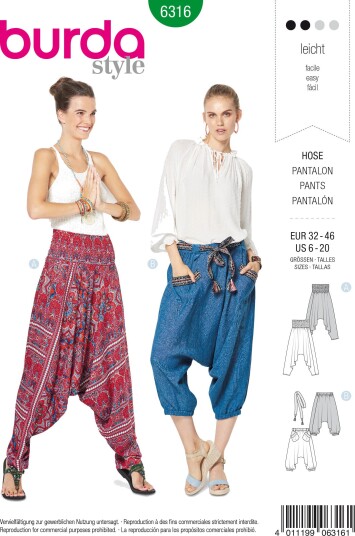 Burda 6316 - Haremsbukse EUR: 32-46, US: 6-20