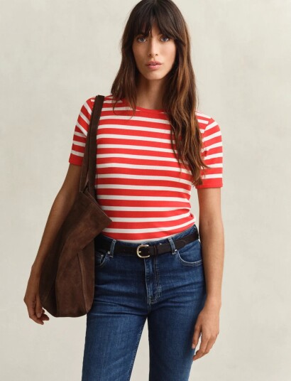 GANT Striped Ribbed Ss T Shirt Red XL