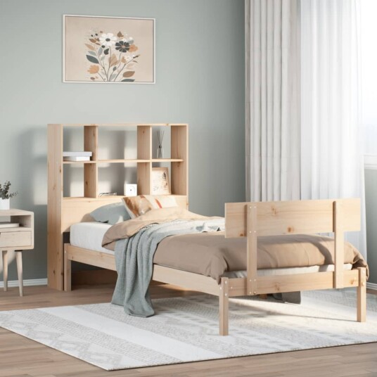 Seng med bokhylle uten madrass 90x200 cm heltre furu