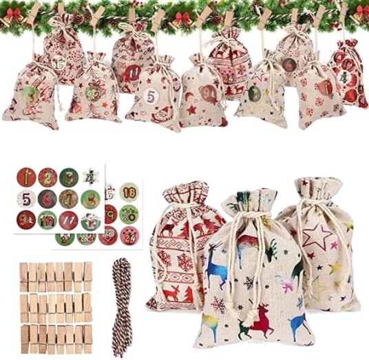 24 Jutesekker for Adventskalender DIY Julegavekalendersett