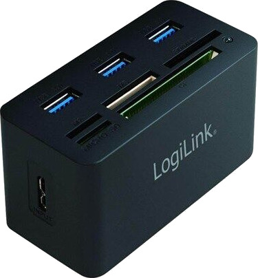 LogiLink USB 3.0 hub with all-in-one card reader black USB-hub - 3 porter - Svart LogiLink USB 3.0 hub with all-in-one card reader black USB-hub - 3 porter - Svart