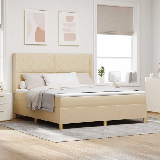 Box Spring Seng med Madrass & LED Krem 180x200 cm Stoff